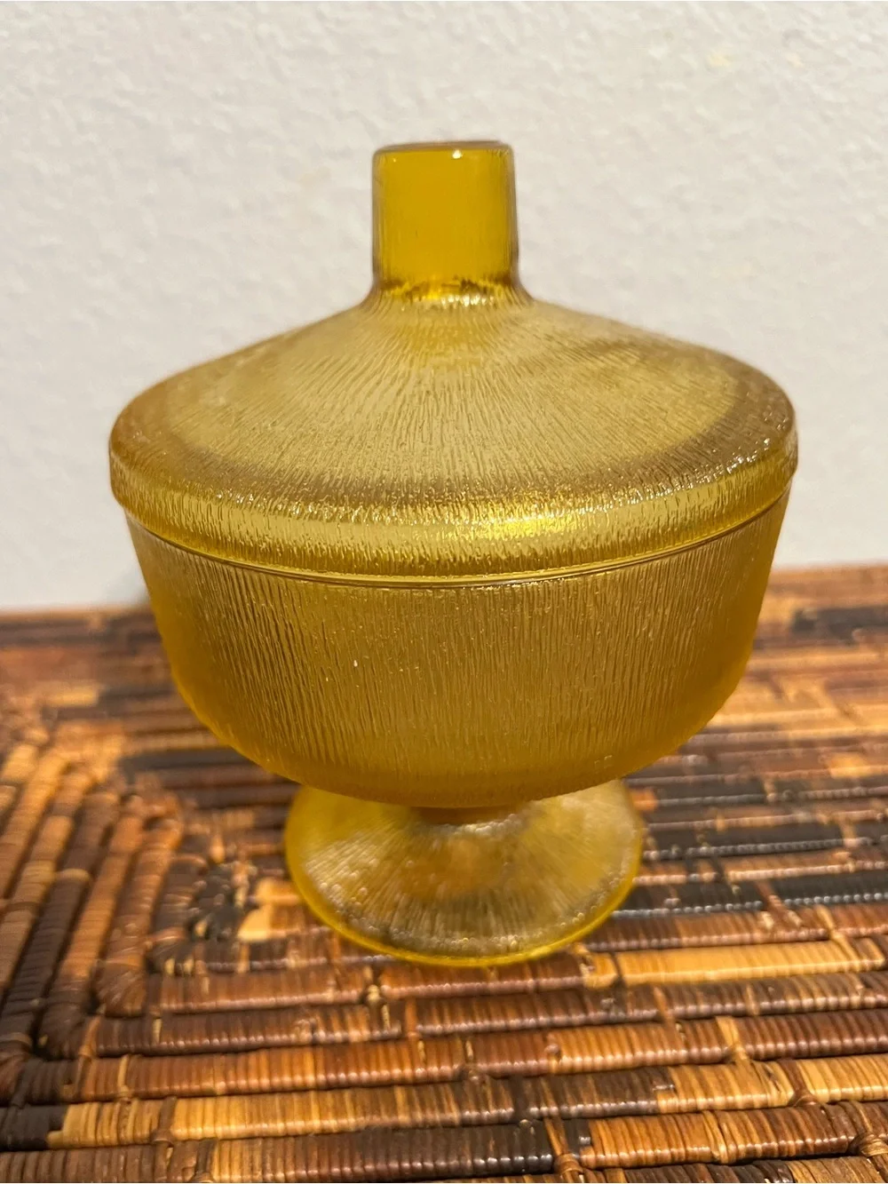 Amber Textured Glass Covered Compote